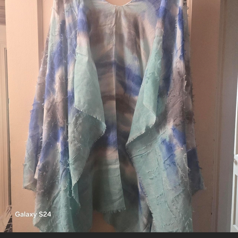 Lightweight Tie-Dye Open Front Shawl - Blue, Aqua, Gray